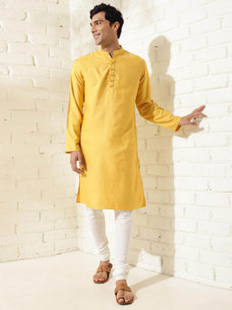 Fabindia - Yellow Viscose Silk Slim Fit Kurta