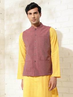 Fabindia - Red Cotton Woven Nehru Jacket