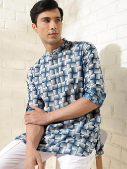 Fabindia - Indigo Cotton Printed Slim Fit Kurta Short