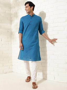 Fabindia - Blue Cotton Hand Block Printed Slim Fit Kurta
