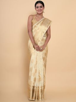 Mimosa - Women Traditional Kasavu Art Silk Beige Saree with Unstitched Blouse