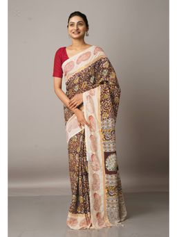 Unnati Silks - Multi Pure Kalamkari Block Printed Silk Saree with Unstitched Blouse