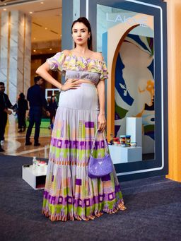 Nirmooha - Geometric Printed Off Shoulder Crop Top Geometric Printed Tiered Skirt (Set of 2)