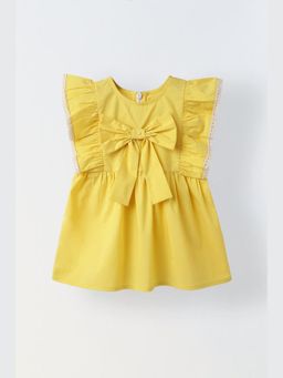 Muvazo - Infant Girls Yellow Ruffled Sleeve Cotton Dress