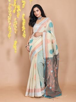CHARUKRITI - Cream Tissue Handwoven Dual Borders & Floral Zari Pallu Saree with Unstitched Blouse