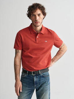 GANT - Men Red Solid Polo Collar Short Sleeves T-Shirt