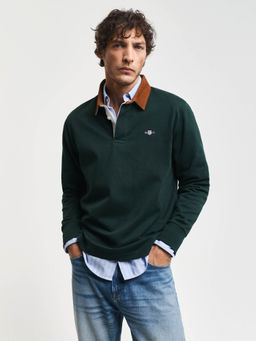 GANT - Men Green Solid Polo Collar Full Sleeves T-Shirt