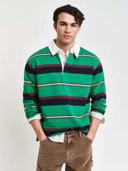 GANT - Men Green Striped Polo Collar Full Sleeves T-Shirt