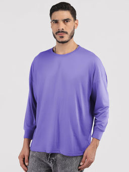 CHKOKKO - Purple Oversized Solid Round Neck Full Sleeve T-Shirt