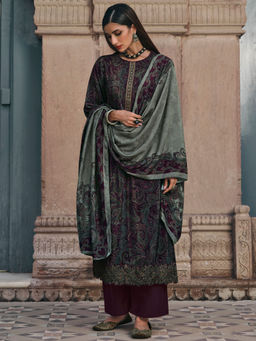 Stylee LIFESTYLE - Wine Crape Embroidered Dress Material (Set of 3)