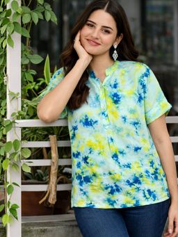 Maaesa - Aqua Hand Tie and Dye Rayon Slub Half Sleeves Regular Fit Top