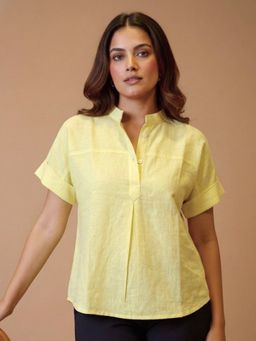 Maaesa - Yellow Rayon Slub Solid Half Sleeves Regular Fit Top
