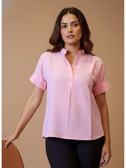 Maaesa - Pink Rayon Slub Solid Half Sleeves Regular Fit Top