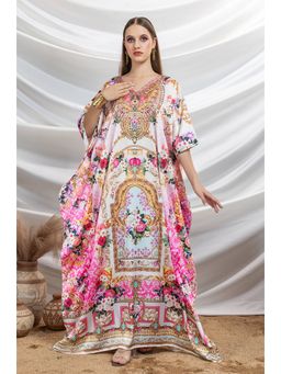 LABEL AARNA - Women Regal Rose Soft Satin Kaftan Dress with Rhinestones