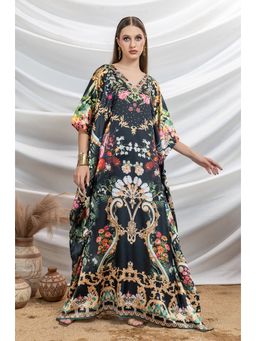 LABEL AARNA - Women Midnight Shadow Soft Satin Kaftan Dress with Rhinestones