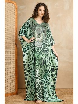 LABEL AARNA - Women Wild Blue Dynasty Soft Satin Kaftan Dress with Rhinestones