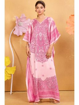 LABEL AARNA - Women Pink Radiance Soft Satin Kaftan Dress With Rhinestone Digital Print