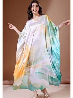 LABEL AARNA - Aqua Green Waves Soft Satin Kaftan Dress With Digital Print