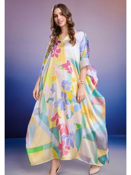 LABEL AARNA - Lemon Yellow Blossom Soft Satin Kaftan Dress