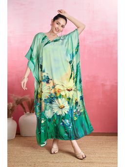 LABEL AARNA - Green Daisy Meadows Soft Satin Kaftan Dress