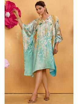 LABEL AARNA - Green Women Cherry Blossom Soft Satin Short Kaftan Dress