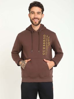 Guess - Mens Brown Polycotton Embroidered Regular Fit Hoodie