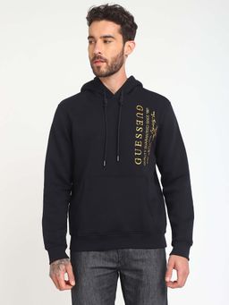 Guess - Mens Black Polycotton Embroidered Regular Fit Hoodie