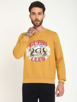 Guess - Mens Mustard Polycotton Printed Regular Fit Crew Neck Full Sleeve Sweatshirt