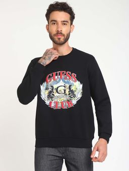 Guess - Mens Black Polycotton Printed Regular Fit Crew Neck Full Sleeve Sweatshirt