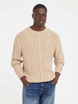 Guess - Men Beige Self Design Round Neck Full Sleeves Sweater