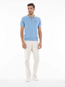 Guess - Mens Blue Cotton Blend Solid Regular Fit Spread Collar Short Sleeve Polo T-Shirt