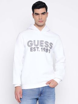 Guess - Cotton Fleece Sleek Pure White Typography Hooded Neck Sweatshirt
