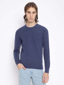 Guess - Mens Blue Solid Crew Neck Long Sleeves T-Shirt