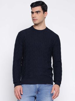 Guess - Heron Monogram Smart Blue Basket Weave Knit Round Neck Regular Fit Pullover Sweater