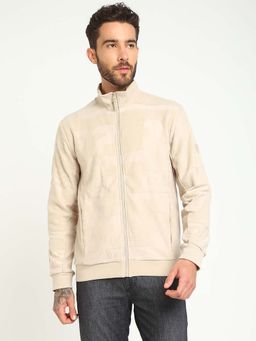 Guess - Mens Beige Polycotton Self Design Regular Fit High Neck Full Sleeve Hoodie