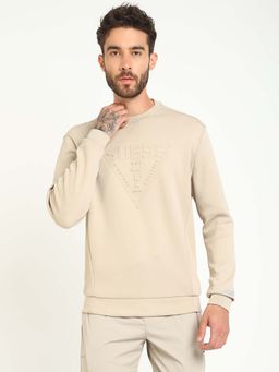 Guess - Mens Beige Polyester Blend Logo Regular Fit Crew Neck Full Sleeve Sweatshirt