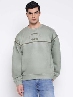 Guess - Shiro Sueded Scuba Horseradish Green Solid Round Neck Regular Fit Pullover Sweatshirt