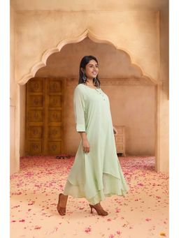 PANCHRANGA - Women Pista Green Bloom Double-Layered Cotton Maxi Dress
