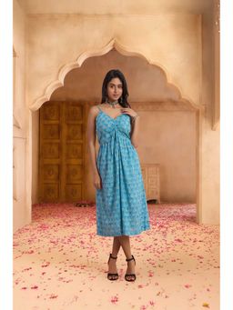 PANCHRANGA - Women Blue Azure Bloom Hand Block Print Cotton Midi Dress