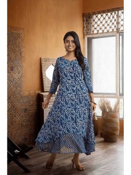 PANCHRANGA - Women Indigo Double-Layered Hand Block Print Maxi Dress