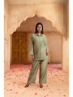 PANCHRANGA - Women Green Sage Aura Hand Block Print Chanderi Shirt and Pant