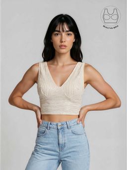 BUTTERSCOSH - Women Astra Ivory Beads and Sequins Crop Top with Inbuilt Bra