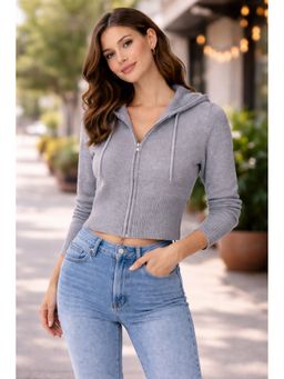 NOBARR - Grey Women Grey Zip-Up Hooded Crop Hoodie