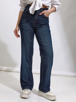TOKYO TALKIES - Women Blue Cotton Blend Solid Straight Jeans