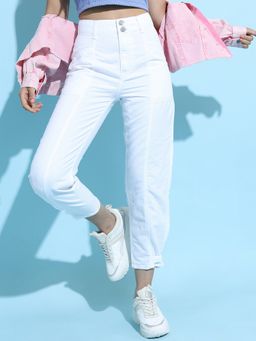 TOKYO TALKIES - Women White Cotton Blend Solid Relaxed Jeans