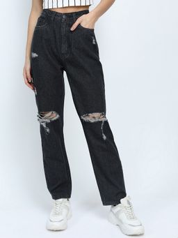 TOKYO TALKIES - Women Black Cotton Solid Straight Jeans