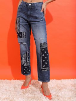 TOKYO TALKIES - Women Blue Cotton Typography Wide Jeans