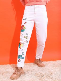 TOKYO TALKIES - Women White Cotton Abstract Relaxed Jeans