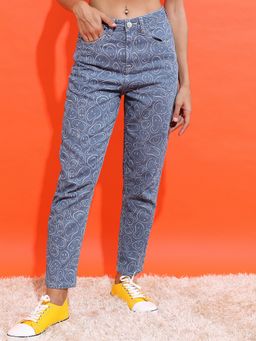 TOKYO TALKIES - Women Blue Cotton Abstract Relaxed Jeans