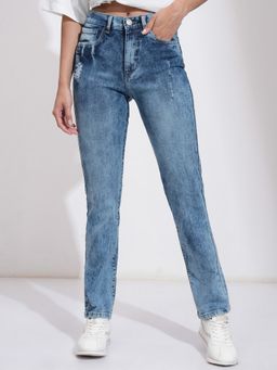 TOKYO TALKIES - Women Blue Cotton Lycra Solid Straight Jeans